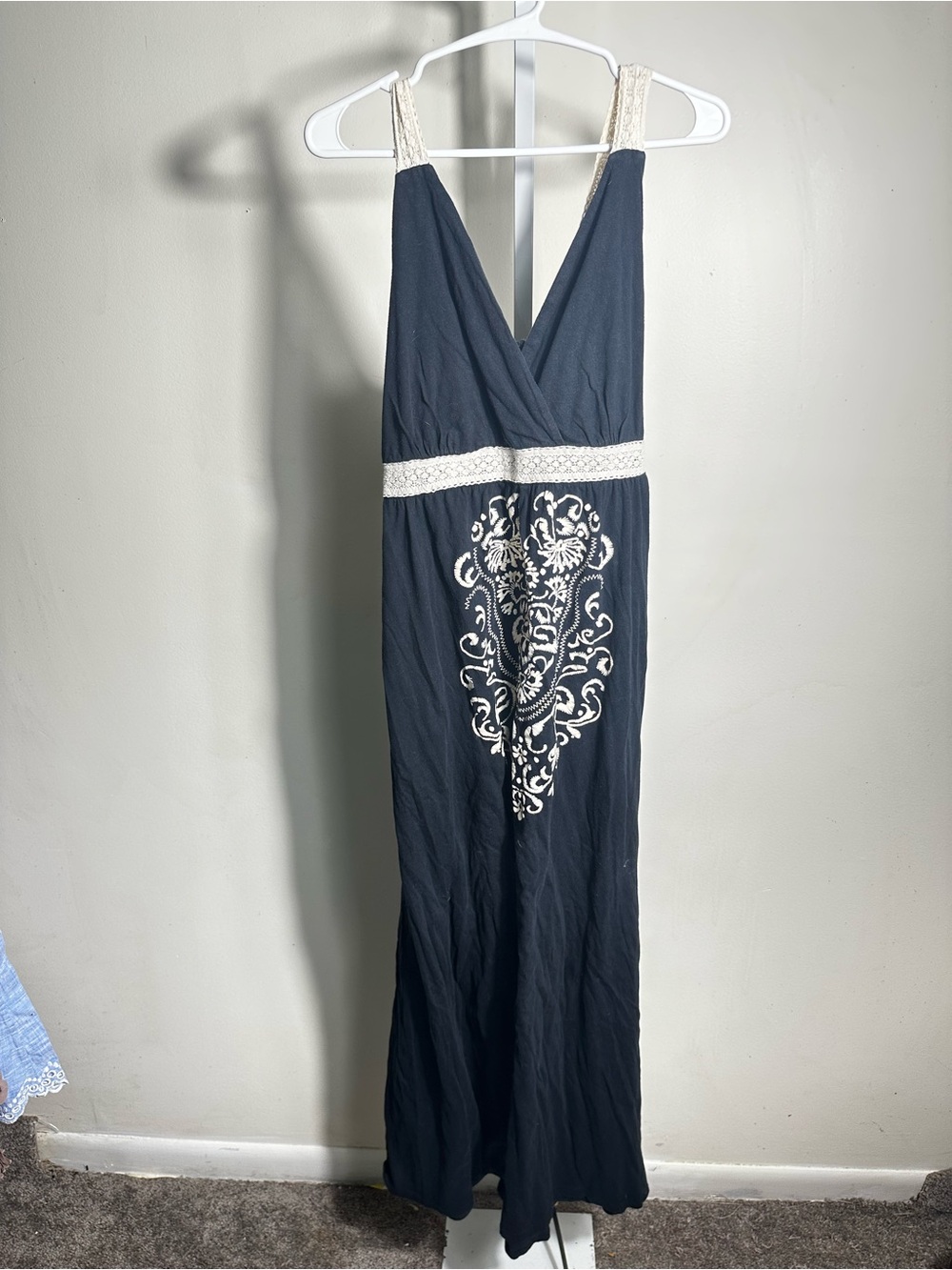 P39. Women’s Black  Maxi Dress with White Embroidery